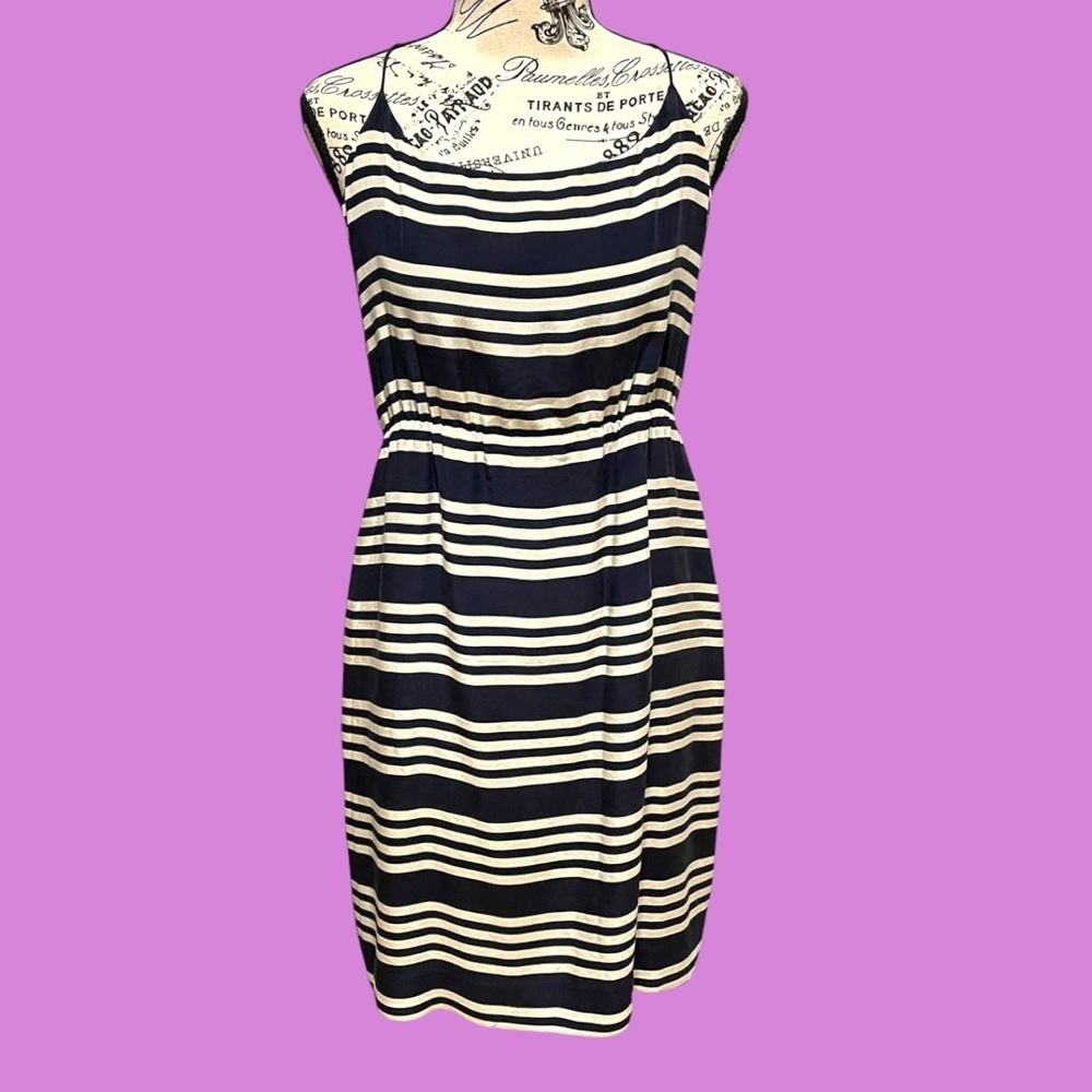 J. Crew 100% Silk Navy and White Striped Sleeveless Sheath Dress